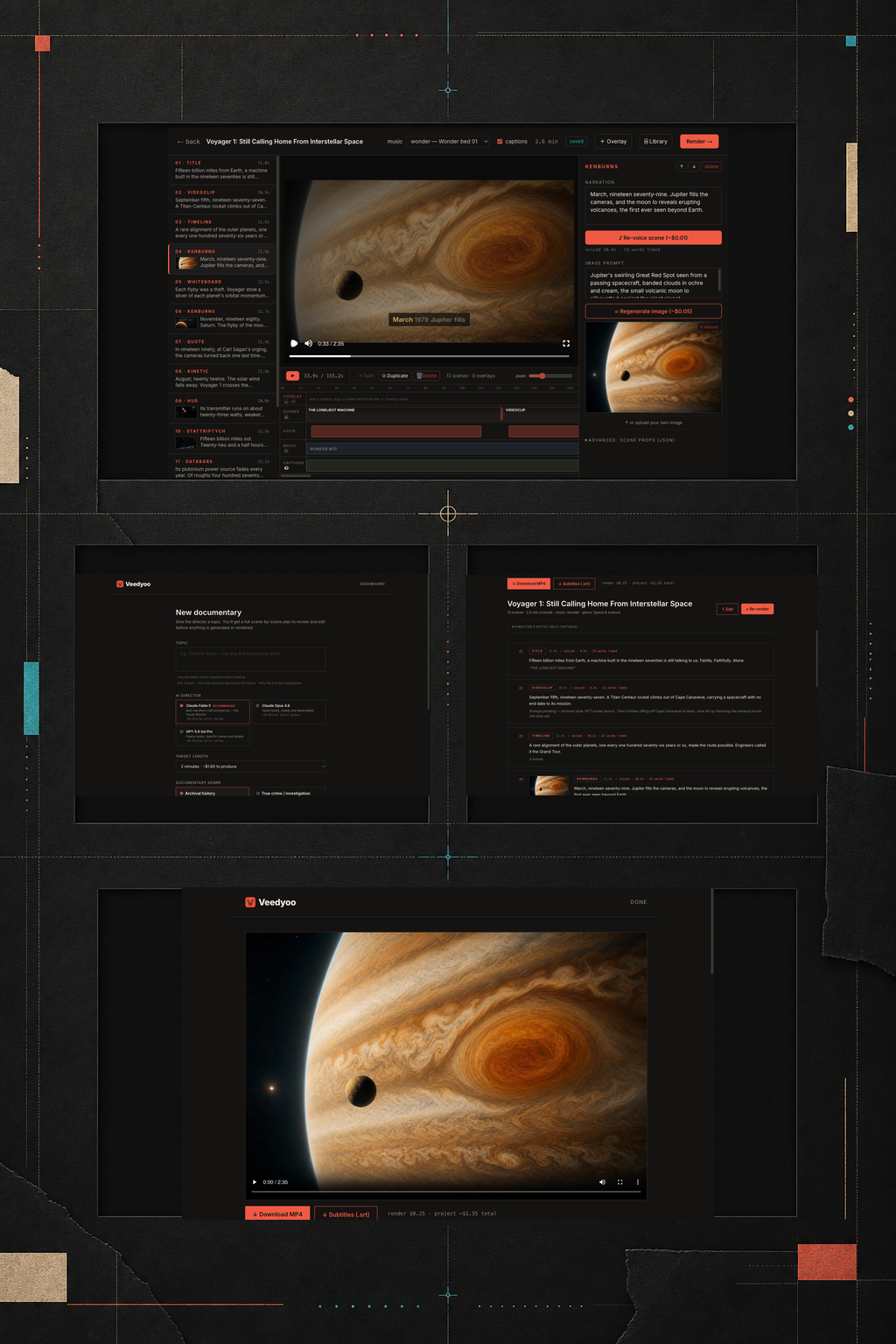 Editorial product board composed from current Veedyoo screens: the Voyager editor, new-documentary form, storyboard, and finished video.
