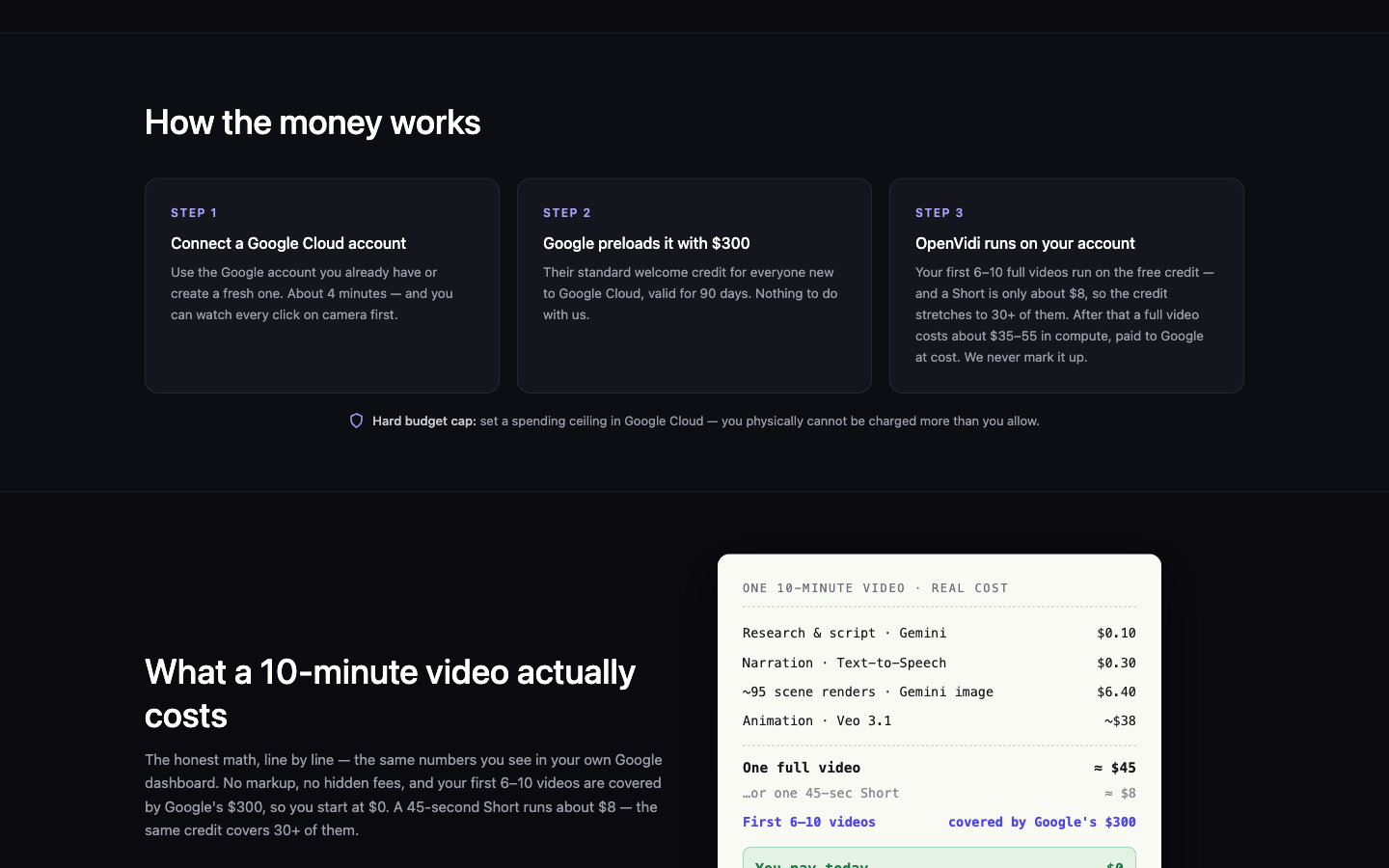OpenVidi public cost explanation showing Google Cloud setup steps and a 10-minute video compute estimate