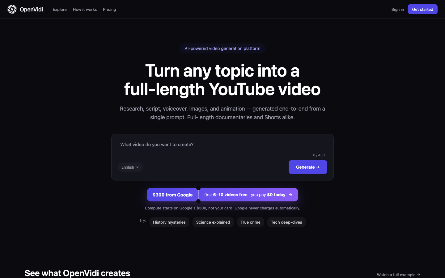 OpenVidi public homepage describing AI video generation through a customer-connected Google Cloud account.