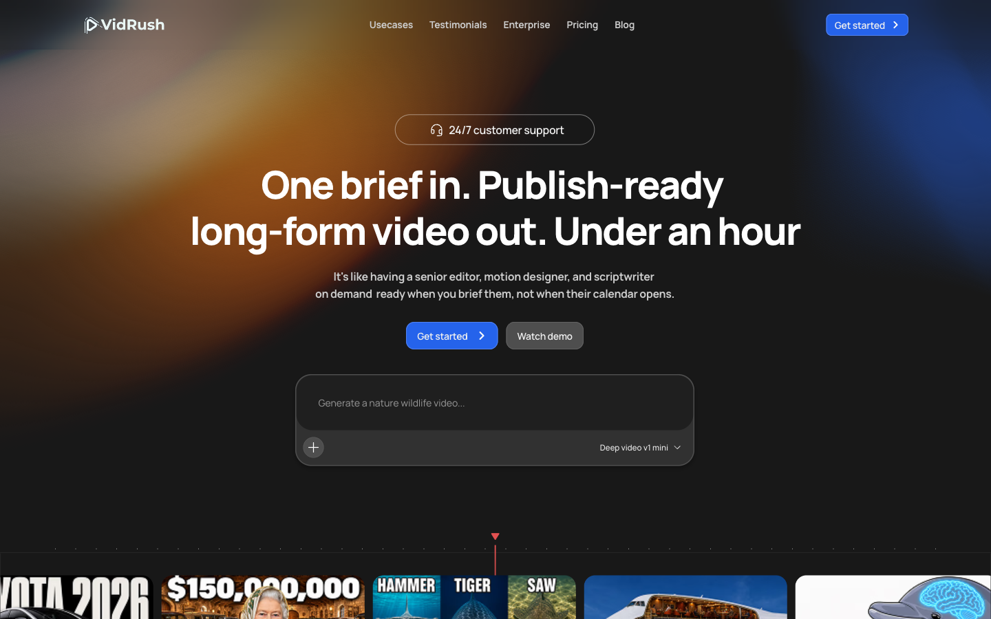VidRush public homepage describing a brief-to-long-form-video production workflow