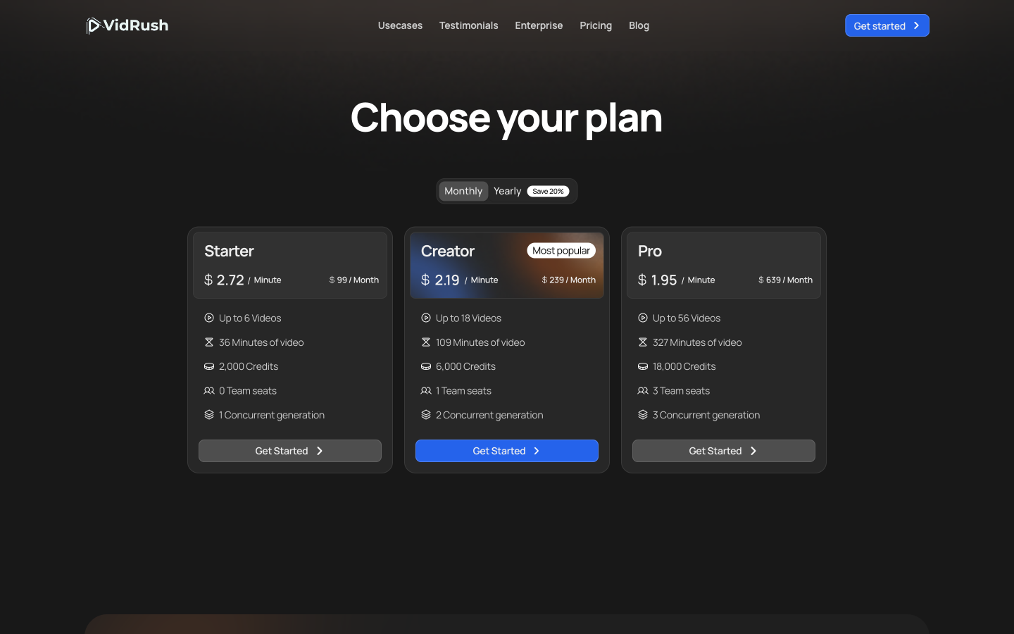 VidRush public pricing page showing Starter, Creator, and Pro monthly plans and their included video minutes