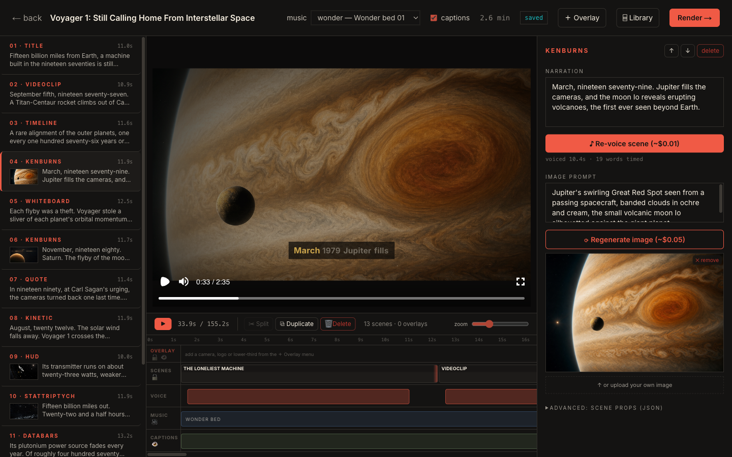 Current Veedyoo editor showing the Voyager 1 scene list, Jupiter preview, narration inspector, timeline, and render controls.
