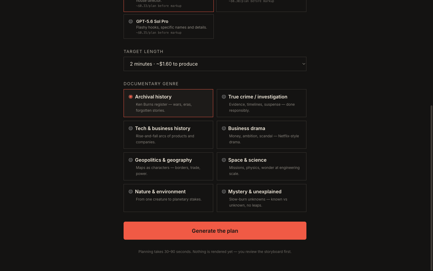 Current Veedyoo new-documentary screen showing target length and eight documentary genre choices.