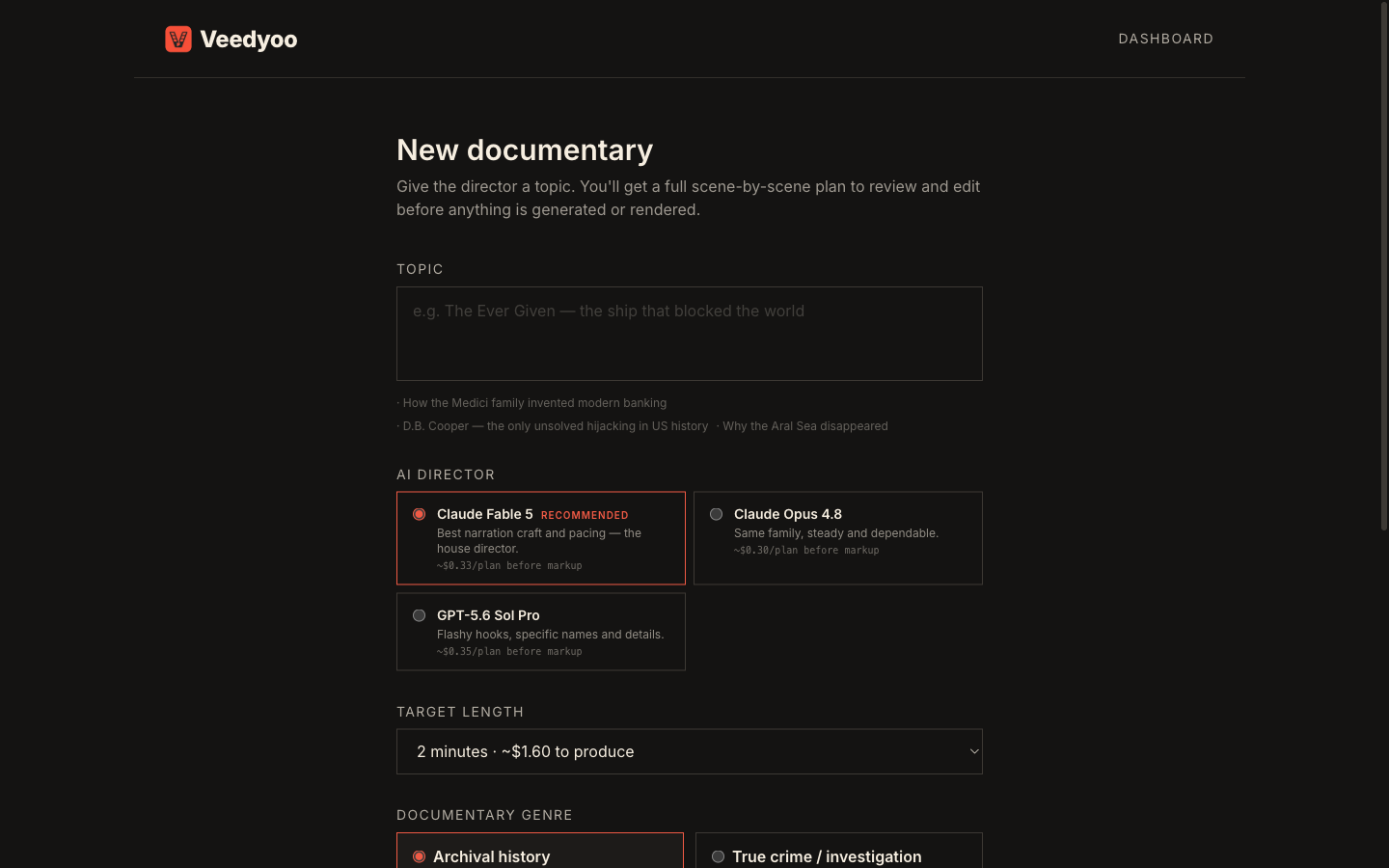 Veedyoo production plan review screen showing a documentary summary, planned runtime, scene count, visual mix, and production estimate